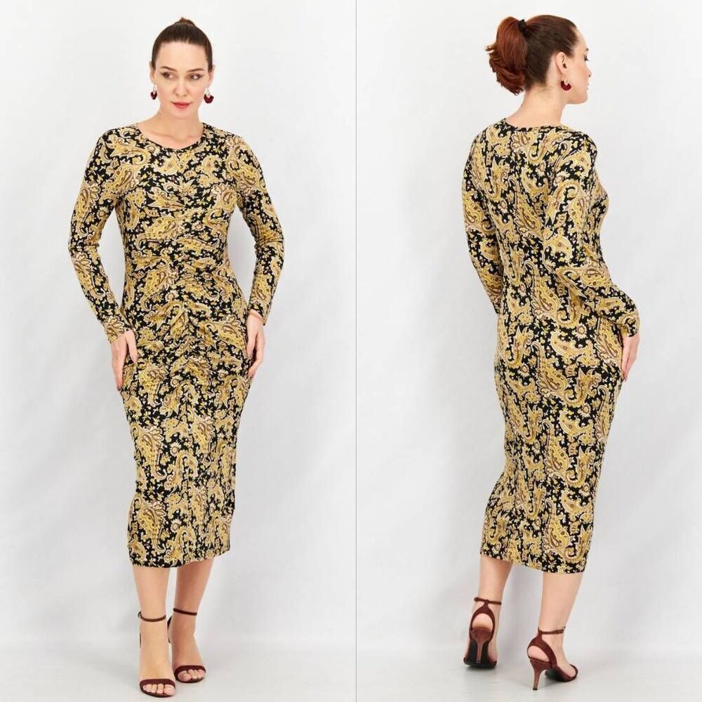 Joie Aja Bodycon Ruched Midi‎ Dress Women's Small Paisley Golden Hour Stretch